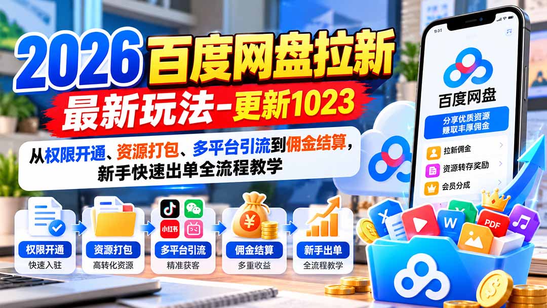 2026百度网盘拉新最新玩法-更新1023：从权限开通、资源打包、多平台引流到佣金结算，新手快速出单全流程教学-大象聊项目