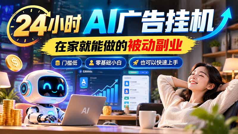 24小时AI广告挂机｜在家就能做的被动副业，门槛低，零基础小白也可以快速上手-大象聊项目