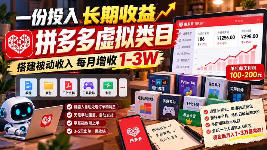 一份投入长期收益，拼多多虚拟类目，搭建被动收入每月增收 1-3W-大象聊项目