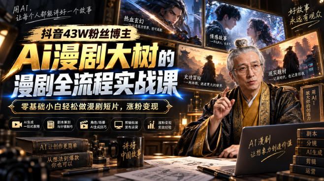 抖音43W粉丝博主Ai漫剧大树的漫剧制作全流程实战课，零基础小白轻松做漫剧短片，涨粉变现(更新1027)-大象聊项目