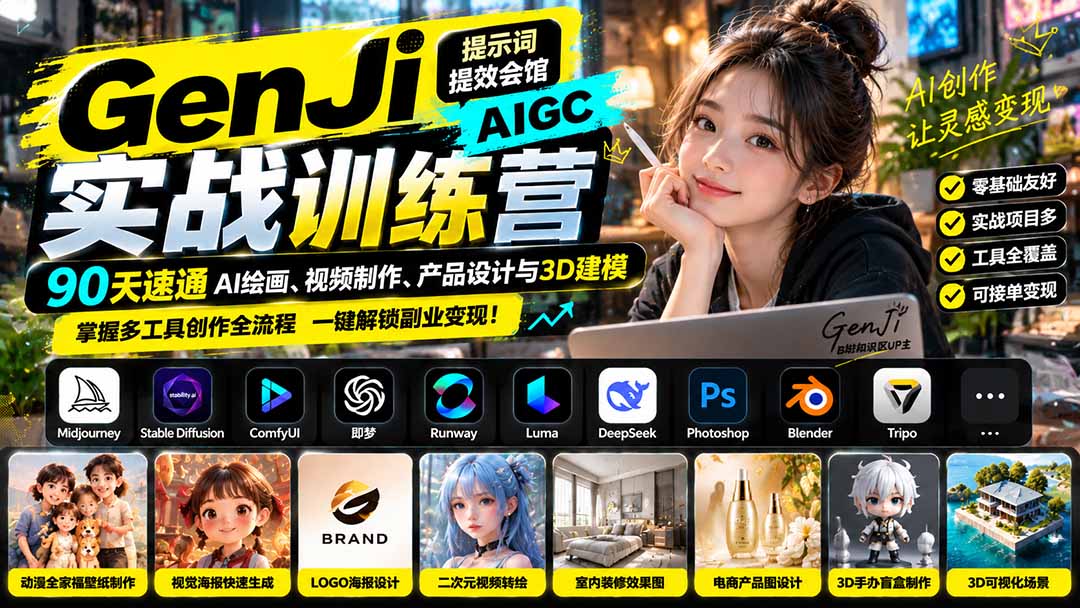 GenJi AIGC实战训练营：90天速通AI绘画、视频制作、产品设计与3D建模，掌握多工具创作全流程-大象聊项目