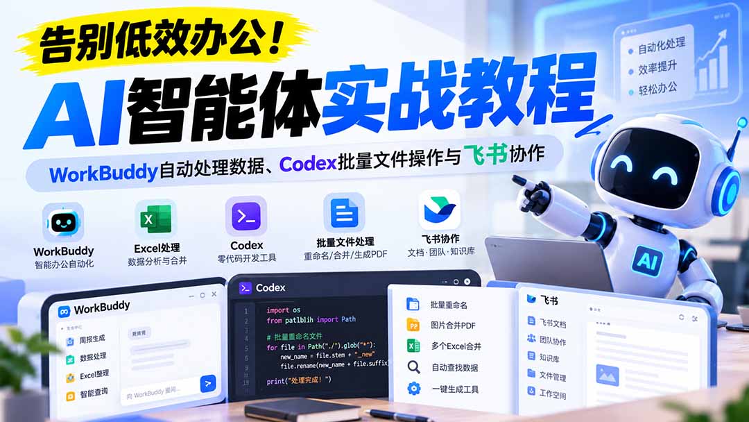 【无水印】告别低效办公！《AI智能体实战教程》WorkBuddy自动处理数据、Codex批量文件操作与飞书协作-大象聊项目