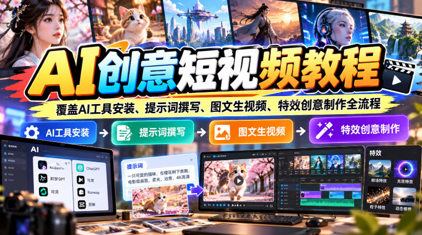 AI创意短视频教程，覆盖AI工具安装、提示词撰写、图文生视频、特效创意制作全流程-大象聊项目