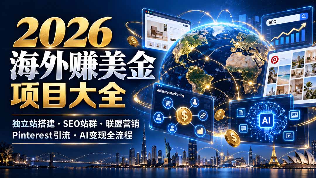 2026海外赚美金项目大全：独立站搭建、SEO站群、联盟营销、Pinterest引流与AI变现全流程-大象聊项目
