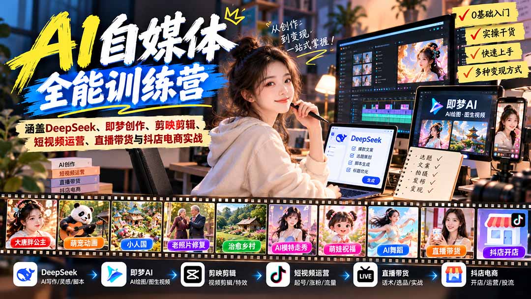 【无水印】AI+自媒体全能训练营：涵盖DeepSeek、即梦创作、剪映剪辑、短视频运营、直播带货与抖店电商实战-大象聊项目
