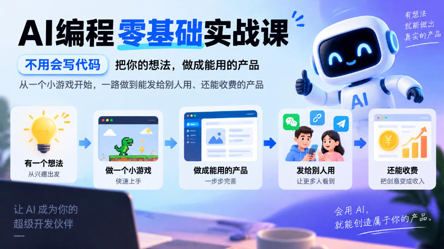AI编程零基础实战课，不用会写代码，把你的想法，做成能用的产品，从一个小游戏开始，一路做到能发给别人用、还能收费的产品-大象聊项目