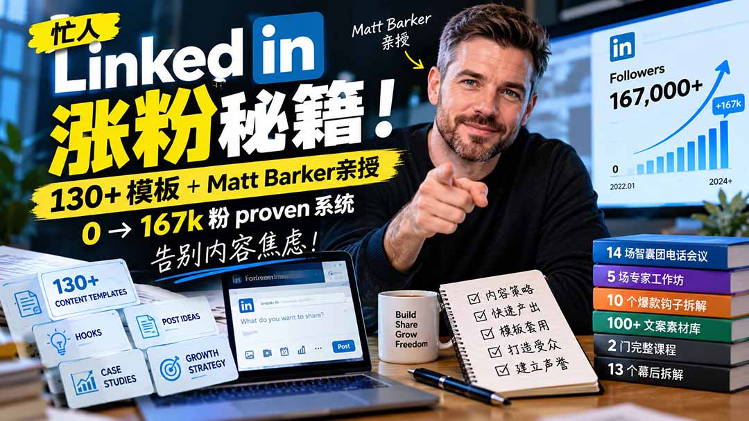 【无水印】忙人LinkedI 涨粉秘籍！130+模板+Matt Barker亲授：0→167k粉proven系统，告别内容焦虑【原创双语字幕】-大象聊项目