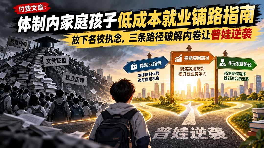 付费文章：体制内家庭孩子低成本就业铺路指南，放下名校执念，三条路径破解内卷让普娃逆袭-大象聊项目