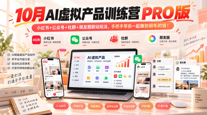 10月AI虚拟产品训练营PRO版，小红书+公众号+社群+朋友圈联动玩法，手把手带你一起赚到明年的钱！(更新1029)-大象聊项目