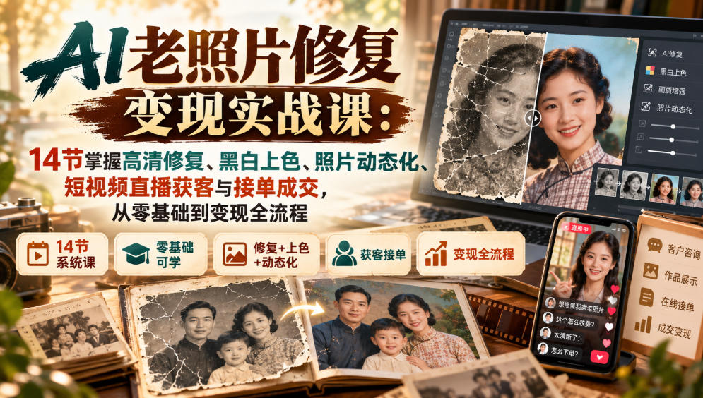 AI老照片修复变现实战课：14节掌握高清修复、黑白上色、照片动态化、短视频直播获客与接单成交，从零基础到变现全流程-大象聊项目