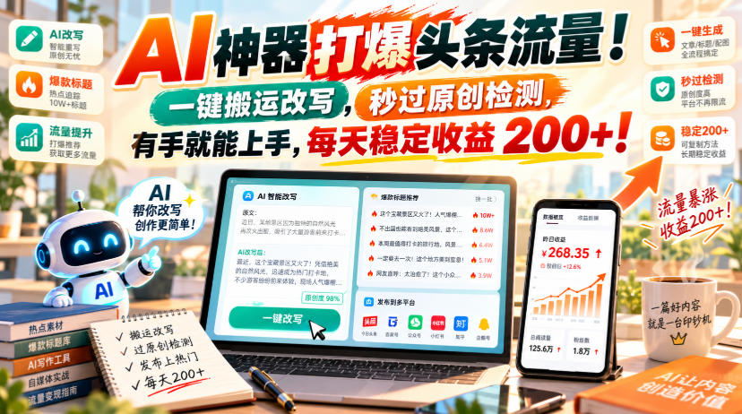 AI神器打爆头条流量，一键搬运改写，秒过原创检测，有手就能上手，每天稳定收益200+！【揭秘】-大象聊项目