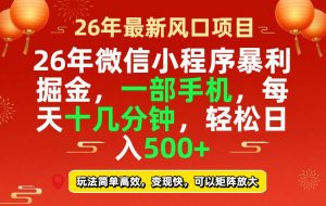 26年微信小程序最暴利玩法，每天十几分钟，稳稳日入500+-大象聊项目