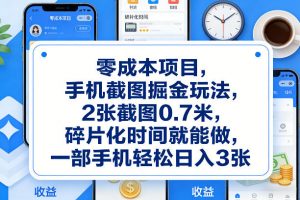 零成本项目，手机截图掘金玩法，2张截图0.7米，碎片化时间就能做，一部手机轻松日入3张【揭秘】-大象聊项目
