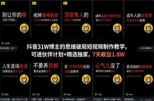抖音31W博主的思维破局短视频制作教学，可进伙伴计划+精选独家，7天收益1.8W-大象聊项目