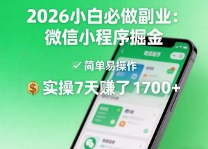 2026小白必做副业：微信小程序掘金，简单易操作，实操7天賺了1700+【揭秘】-大象聊项目