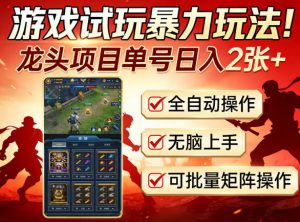 游戏试玩暴力玩法！龙头项目单号日入200+，全自动操作无脑上手，可批量矩阵操作【揭秘】-大象聊项目