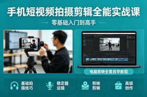 手机短视频拍摄剪辑全能实战课：零基础入门到高手，稳定器运镜+电脑剪映全套自学教程-大象聊项目