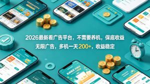 2026最新看广告平台，不需要养机，保底收益，无限广告，多机一天200+，收益稳定【揭秘】-大象聊项目