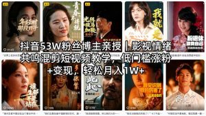抖音53W粉丝博主亲授｜影视情绪共鸣混剪短视频教学，低门槛涨粉+变现，轻松月入1W+-大象聊项目