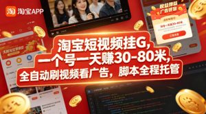 淘宝短视频挂G，一个号一天 賺30-80米，全自动刷视频看广告，脚本全程托管【揭秘】-大象聊项目