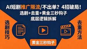 AI短剧推广总被限流、不出单？4招选剧+去重技巧+黄金三秒钩子，手把手拆解底层逻辑-大象聊项目