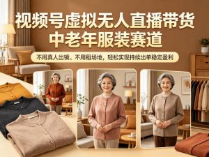 视频号虚拟无人直播带货中老年服装赛道,不用真人出镜、不用租场地,轻松实现持续出单稳定盈利-大象聊项目