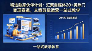 精选独家伙伴计划:汇聚自媒体20+类热门变现赛道,文案剪辑运营一站式教学-大象聊项目