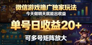 微信游戏撸广独家玩法，今天做明天就能出收益，单号日收益20+，可多号矩阵放大-大象聊项目