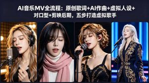 AI音乐MV全流程:原创歌词+AI作曲+虚拟人设+对口型+剪映后期,五步打造虚拟歌手-大象聊项目