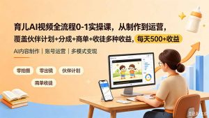 育儿AI视频全流程0-1实操课,从制作到运营,覆盖伙伴计划+分成+商单+收徒多种收益,每天500+收益-大象聊项目