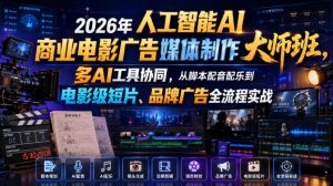 2026年人工智能AI商业电影广告媒体制作大师班,多AI工具协同,从脚本配音配乐到电影级短片、品牌广告全流程实战(中英字幕)-大象聊项目