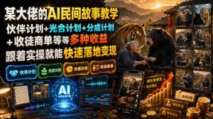 某大佬的AI民间故事教学，伙伴计划+光合计划+分成计划+收徒商单等多种收益，跟着实操就能快速落地变现-大象聊项目