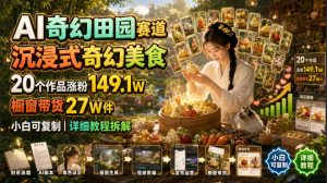 AI奇幻田园赛道，沉浸式奇幻美食，20个作品涨粉149.1W，橱窗带货27W件，小白可复制，详细教程拆解-大象聊项目