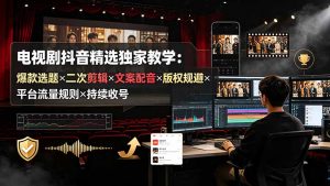电视剧抖音精选独家教学：爆款选题×二次剪辑×文案配音×版权规避×平台流量规则×持续收益账号-大象聊项目