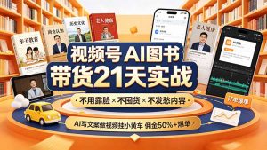 视频号AI图书带货21天实战：不用露脸×不囤货×不发愁内容，AI写文案做视频挂小黄车，佣金50%+爆单-大象聊项目
