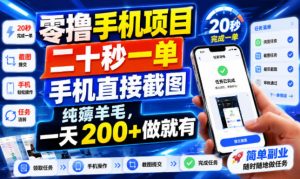 零撸手机项目，二十秒一单，手机直接截图，纯薅羊毛，一天200+做就有【揭秘】-大象聊项目