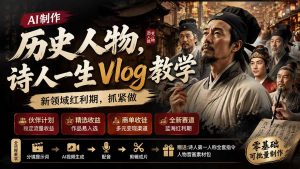 历史人物，诗人一生Vlog教学， AI制作丨伙伴计划丨精选收益丨商单收徒 ，新领域红利期，抓紧做-大象聊项目