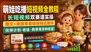 萌娃吃播短视频全教程|长短视频双赛道实操,图文+视频零基础保姆式教学,伙伴计划-收徒-商单等多种变现方式-大象聊项目