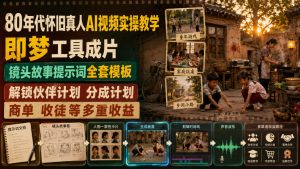 80年代怀旧真人AI视频实操教学,即梦工具成片、镜头故事提示词全套模板,解锁伙伴计划分成计划商单收徒等多重收益-大象聊项目