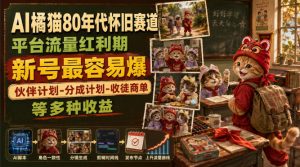 AI橘猫80年代怀旧赛道,平台流量红利期,新号最容易爆,伙伴计划-分成计划-收徒商单等多种收益-大象聊项目
