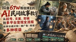 抖音67W粉丝博主的AI民间故事教学,从起号、文案、剪辑到多平台变现全流程,伙伴分成计划接广告等多种收益,月入1W+-大象聊项目