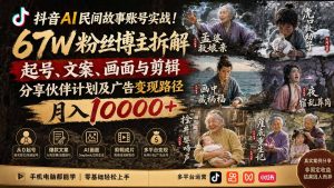 抖音AI民间故事账号实战!67W粉丝博主拆解起号、文案、画面与剪辑,分享伙伴计划及广告变现路径,月入10000+-大象聊项目