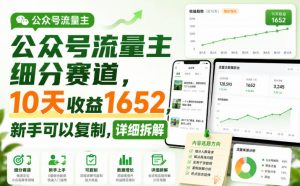 公众号流量主细分赛道，10天收益1652，新手可以复制，详细拆解-大象聊项目