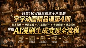 抖音110W粉丝博主十八漫的字字动画精品课第4期：剧本创作+分镜生成+剪辑+商业接单，掌握AI漫剧生成变现全流程-大象聊项目