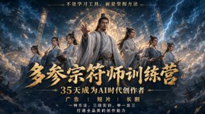 多参宗符师训练营,35天成为AI时代创作者,广告|短片|长剧,一种方法,三段实训,举一反三,打通全品类的创作能力-大象聊项目