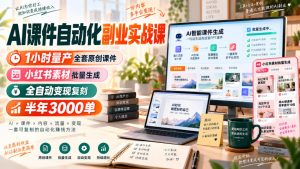 AI课件自动化副业实战课,1小时量产全套原创课件,小红书素材批量生成,全自动变现复刻,半年3000单-大象聊项目