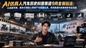 AI仿真人汽车历史科普赛道9月全新玩法:从选题写稿、剧本分镜到人物资产与视频生成,系统跑通抖音垂类账号全流程-大象聊项目