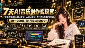 AI音乐创作变现营:零乐理掌握工具、歌词、人声、版权、发行及0粉起号变现,50—200元/首+月收益10000+-大象聊项目