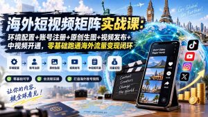 海外短视频矩阵实战课:环境配置+账号注册+原创生图+视频发布+中视频开通,零基础跑通海外流量变现闭环-大象聊项目