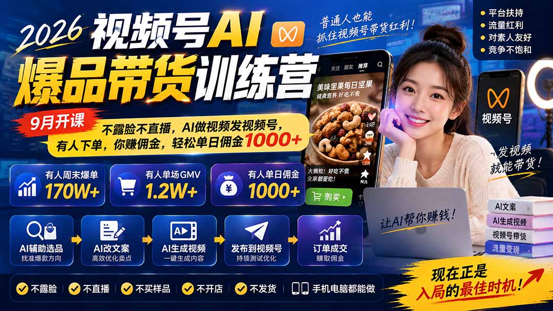 图片[1]-2026视频号AI爆品带货训练营-9月开课｜不露脸不直播，AI做视频发视频号，有人下单，你赚佣金，轻松单日佣金1000+-大象聊项目
